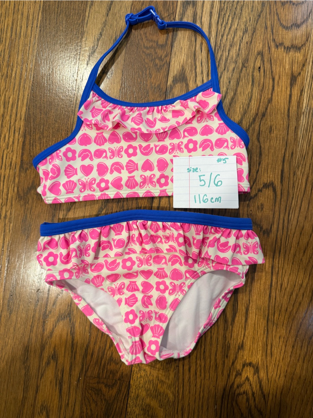 Mini Boden Pink and Blue Ruffle Two-Piece Swimsuit